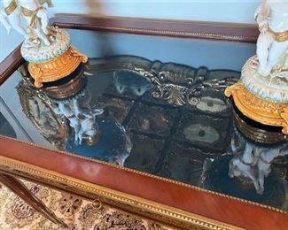 #104- $1,500 Set of (2) Kingwood Louis XVI style Vitrines, 20th century, with annulated ormolu band raised on paneled circular tapered legs, 38"Wx22.5"Dx31.5"H.