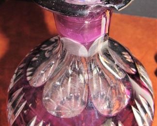 #105- $50 Decorative Lot: Amethyst Decanter (chip at neck), Porcelain Figurine (damage at bottom), & (2) Vintage Ornaments.
