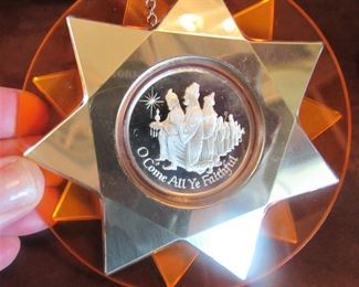 #105- $50 Decorative Lot: Amethyst Decanter (chip at neck), Porcelain Figurine (damage at bottom), & (2) Vintage Ornaments.