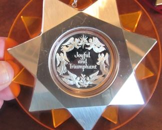 #105- $50 Decorative Lot: Amethyst Decanter (chip at neck), Porcelain Figurine (damage at bottom), & (2) Vintage Ornaments.