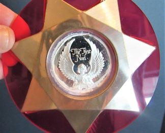 #105- $50 Decorative Lot: Amethyst Decanter (chip at neck), Porcelain Figurine (damage at bottom), & (2) Vintage Ornaments.