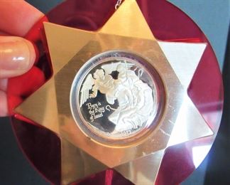 #105- $50 Decorative Lot: Amethyst Decanter (chip at neck), Porcelain Figurine (damage at bottom), & (2) Vintage Ornaments.