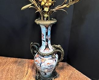 #106- $275 Chinese Porcelain Baluster Vase with bronze mounts and floral candle cups (one needs repair/welding). Priced as is.