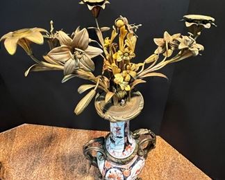 #106- $275 Chinese Porcelain Baluster Vase with bronze mounts and floral candle cups (one needs repair/welding). Priced as is.