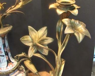 #106- $275 Chinese Porcelain Baluster Vase with bronze mounts and floral candle cups (one needs repair/welding). Priced as is.