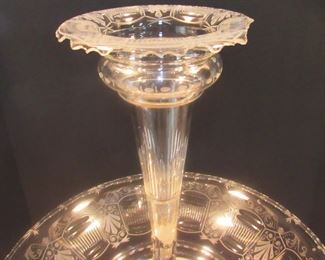 #107- $1000 19th century Silver Plated Epergne with trumpet vase and glass center, flanked by two putti and shell cups. 2'w X 32T