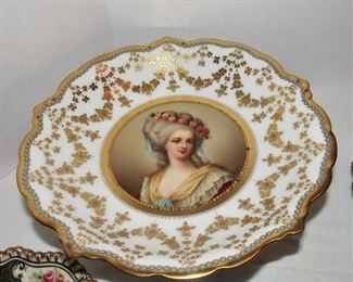 Lot 114 - $120 dessert set made of French figural cake stand & 8 Staffordshire plates gold rim, green, floral