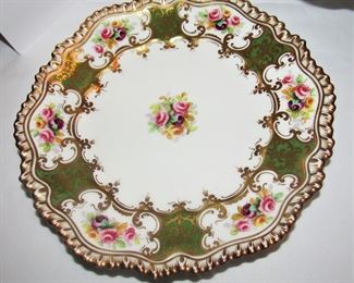 Lot 114 - $120 dessert set made of French figural cake stand & 8 Staffordshire plates gold rim, green, floral