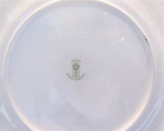 Lot 114 - $120 dessert set made of French figural cake stand & 8 Staffordshire plates gold rim, green, floral