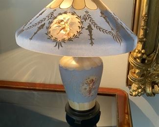 #108B- $1200 Pairpoint Baby Blue Art Glass Lamp 22x17