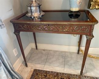 #104- $1,500 Set of (2) Kingwood Louis XVI style Vitrines, 20th century, with annulated ormolu band raised on paneled circular tapered legs, 38"Wx22.5"Dx31.5"H.