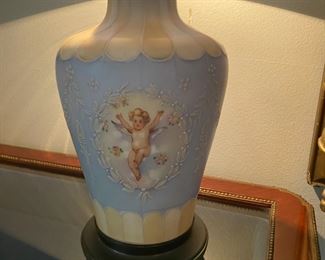 #108B- $1200 Pairpoint Baby Blue Art Glass Lamp 22x17