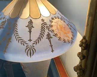 #108B- $1200 Pairpoint Baby Blue Art Glass Lamp 22x17