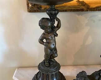 #118- $500 - 20th century 3 Piece Set, As is, Roux New York Bronze Mantel Clock, 22x20x13 and two Tazzas with Putti Angels. 