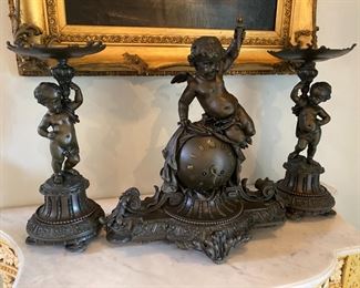 #118- $500 - 20th century 3 Piece Set, As is, Roux New York Bronze Mantel Clock, 22x20x13 and two Tazzas with Putti Angels. 