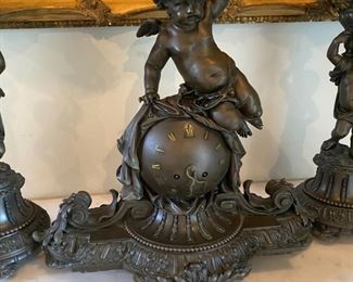 #118- $500 - 20th century 3 Piece Set, As is, Roux New York Bronze Mantel Clock, 22x20x13 and two Tazzas with Putti Angels. 