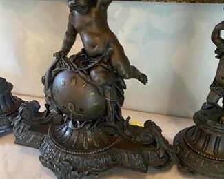#118- $500 - 20th century 3 Piece Set, As is, Roux New York Bronze Mantel Clock, 22x20x13 and two Tazzas with Putti Angels. 