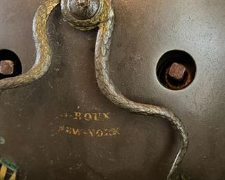 #118- $500 - 20th century 3 Piece Set, As is, Roux New York Bronze Mantel Clock, 22x20x13 and two Tazzas with Putti Angels. 