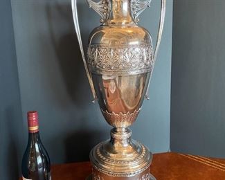 #121A-$700 - Tall Sheffield plate silver plate vase/ trophy / on detachable base, 29x11