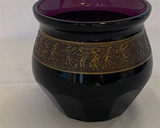 #122- $110 Moser small purple vase with bronze trim figural, 5"Wx 41/2T