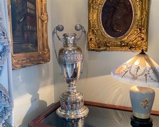 #121A-$700 - Tall Sheffield plate silver plate vase/ trophy / on detachable base, 29x11