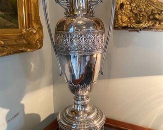 #121A-$700 - Tall Sheffield plate silver plate vase/ trophy / on detachable base, 29x11