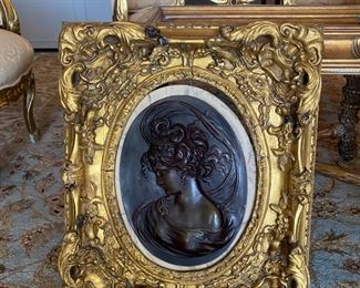 #125- $450 set of (2) Marble set Plaque Figurals, with gilt frame, having some losses in gilt, 20x24 - 26x20