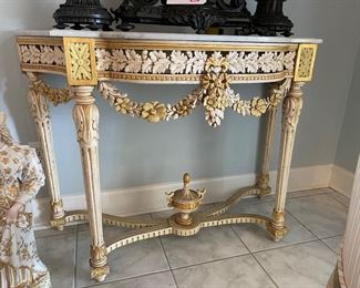 #113 - $495 - French Louis XVI style console paint yellow and cream, Grey Carrera marble top 44x19x32