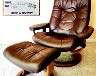 EKORNES Leather Lounge Chair & Ottoman, Brown $575 or bid #11