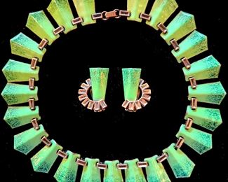 Vintage Matisse Enameled Copper Necklace and Clip on Earrings Set, Mid-Century