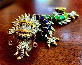 Rhinestone encrusted enameled dragon brooch