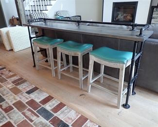 SOFA TABLE / COUNTER SEATING / STOOLS - WITH PIPE LEGS & RAILING - WOOD