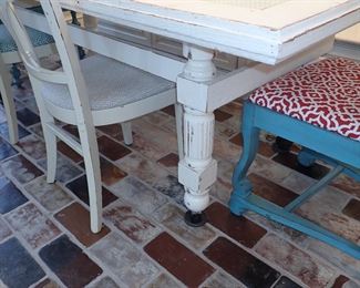 WHITE FARM TABLE WITH INLAY AND GLASS TOP