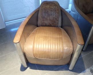  AMAZING CHAIRS     PAIR OF CONTEMPORARY RESTORATION HARDWARE LEATHER AND METAL CLUB CHAIRS         Berkshire leather and polished aluminum take form to create one of Restoration Hardware’s most iconic chairs. 