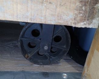 WOOD LOVESEAT WITH IRON WHEELS 