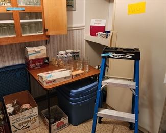 4' Werner ladder, totes, canning jars and glasses