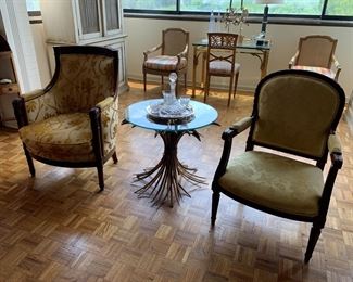 Gold silk chairs, mid century wheat table
