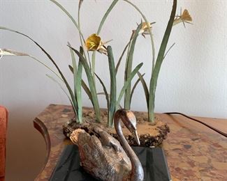 Joseph Bonhange metal sculptue of narcissus; Swan on black stone