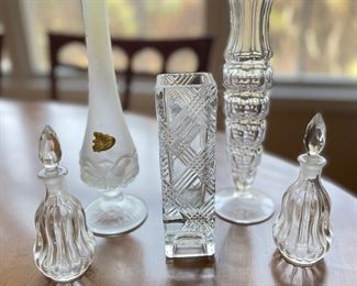 Assortment of crystal vases and 2 perfume bottles