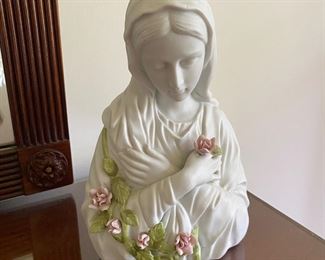 Virgin Mary statue with pink flowers,  $14