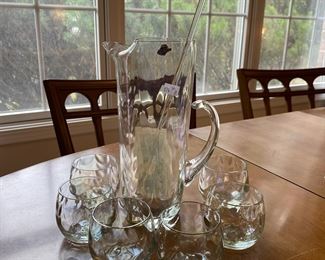 Crystal pitcher w/stirrer a+ 6 glasses,  $34