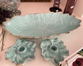 Vintage teal bowl and candle holders,  $44