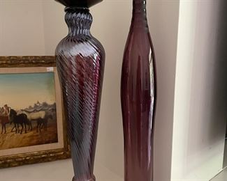 Large deep purple candle holder,  $25.  Large purple vase, $22