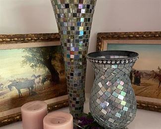 Short mosaic vase,  $14.  Tall mosaic vase,  $20