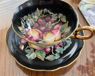 VINTAGE Royal Sealy China TEA CUP & Saucer Black W/fruit Apple Grape Peach Japan,  $12