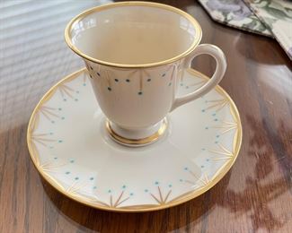 C.O. Mouness Blue Dot Teacup/ Saucer Set,  $20