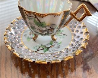 Iridescent & gold white floral teacup,  $10