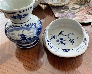 Delft Blue vase,  $15.  Delft upside down cap,  $15