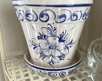 Blue & white planter with water catch dish,  $20