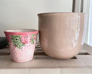 Ceramic pink floral planter,  $4.  Pink planter,  $7